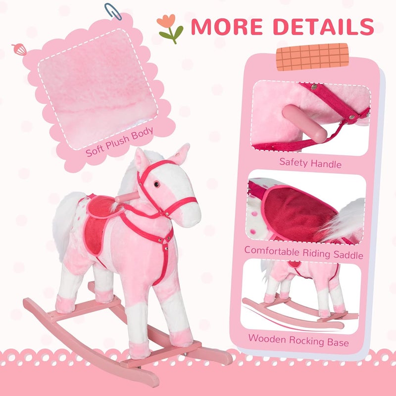 Qaba Kids Rocking Horse Plush Ride On Toy Toddler Rocker for Boys Girls Gifts with Realistic Sounds, Pink - Image 5